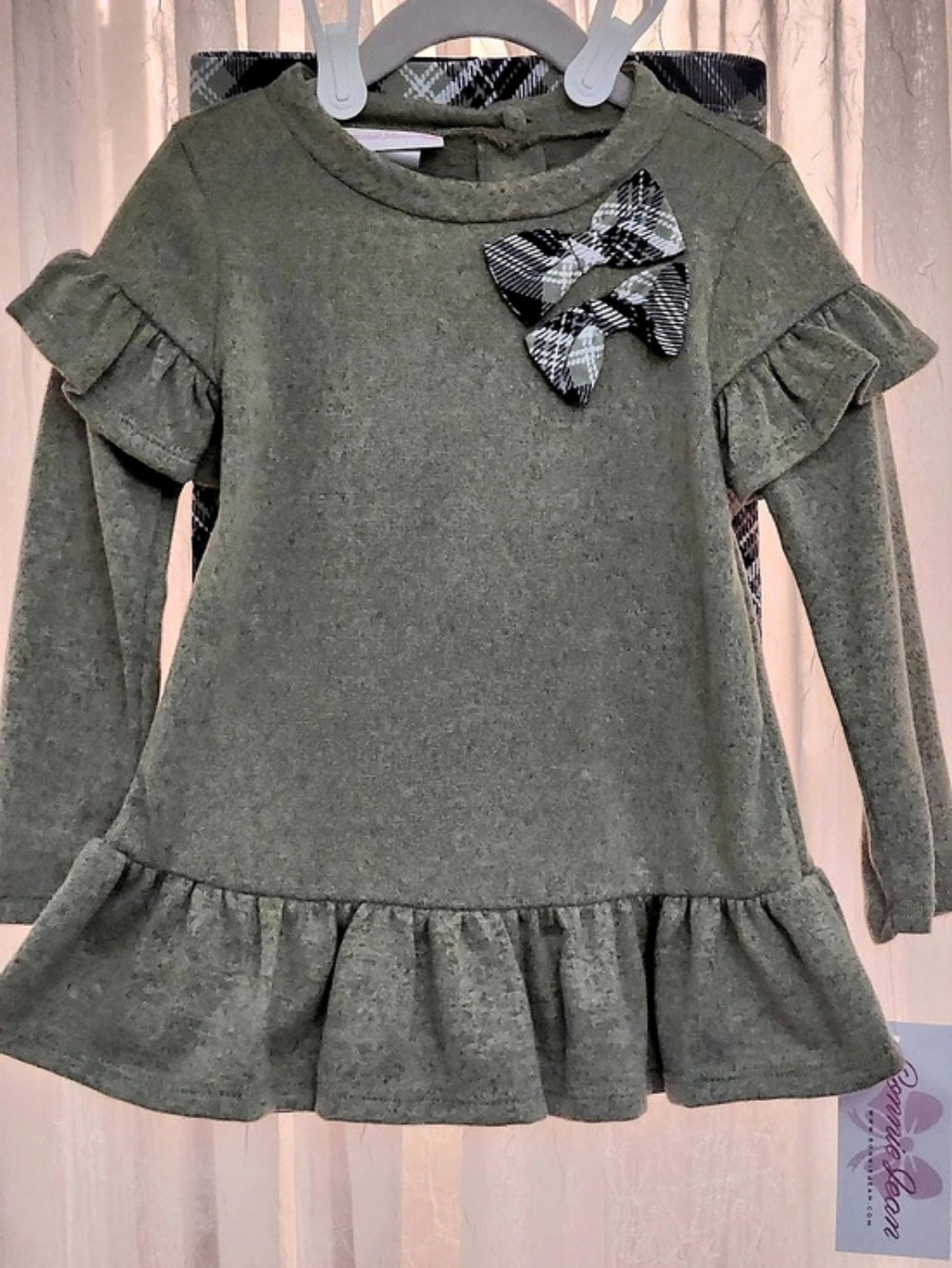 Bonnie Jean Ruffle Top w/Bow & Navy/Olive Green Plaid Leggings Set,S-2T&3T, NWT